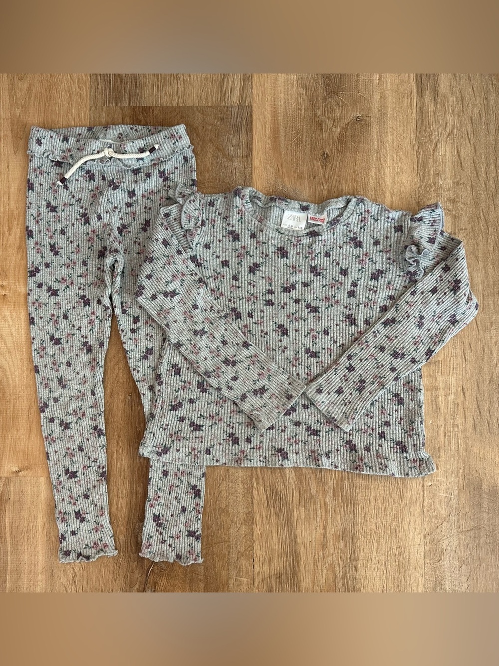 Zara Kids Ribbed Floral Top & Leggings Set - Gray with Purple Floral